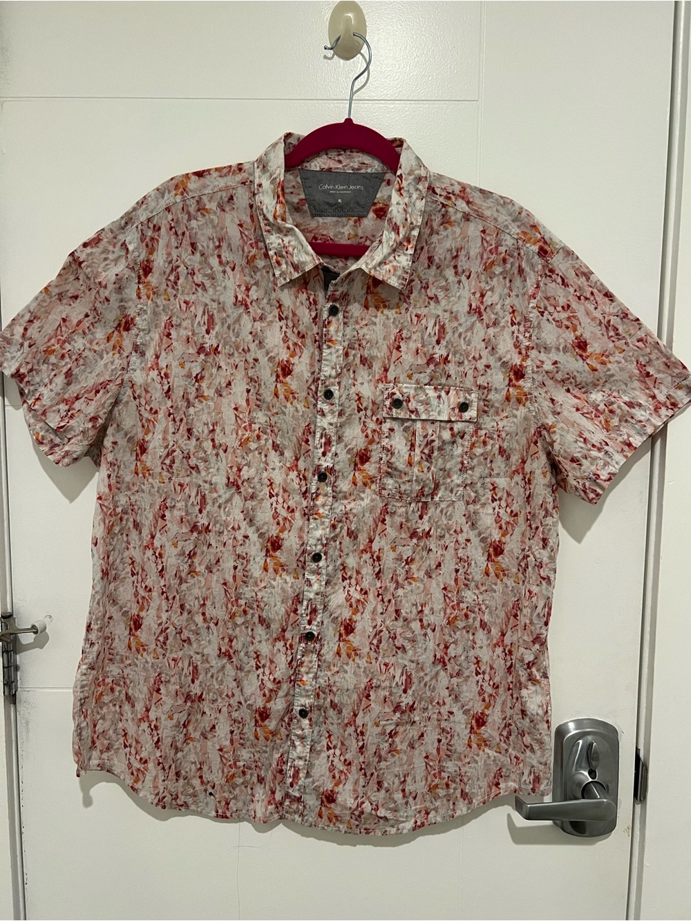Calvin Klein Jeans Short-Sleeve Button-Up Shirt - Red & Orange Abstract Print
